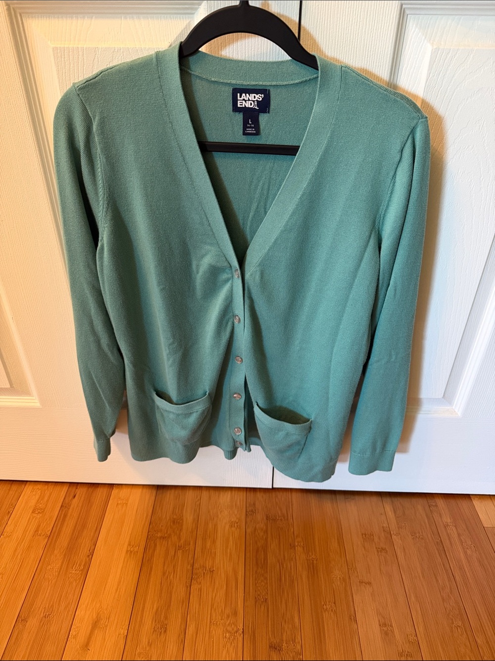 Lands' End Seafoam Green V-Neck Button Cardigan